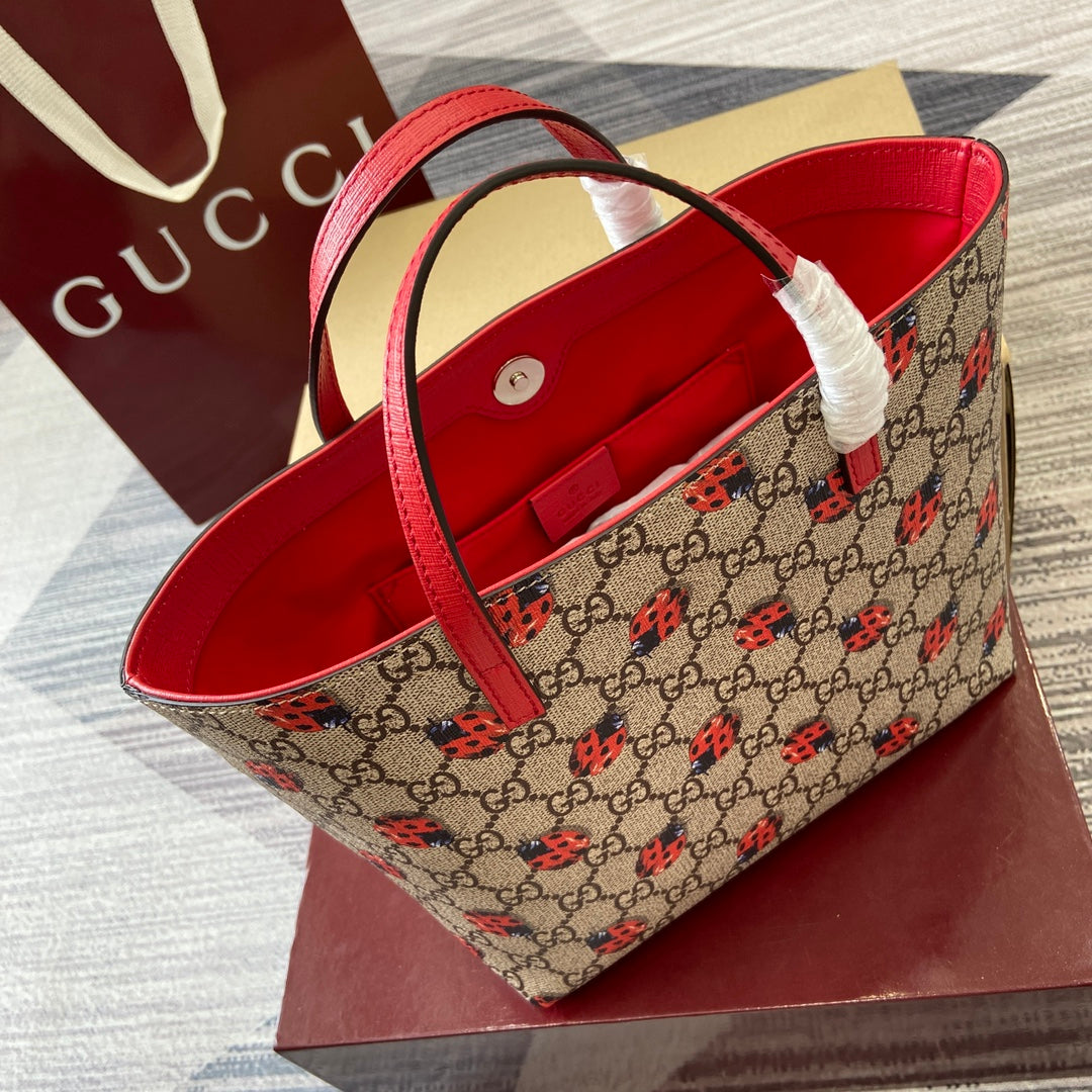G*G Tote Bag 21cm Beige Red Leather Canvas
