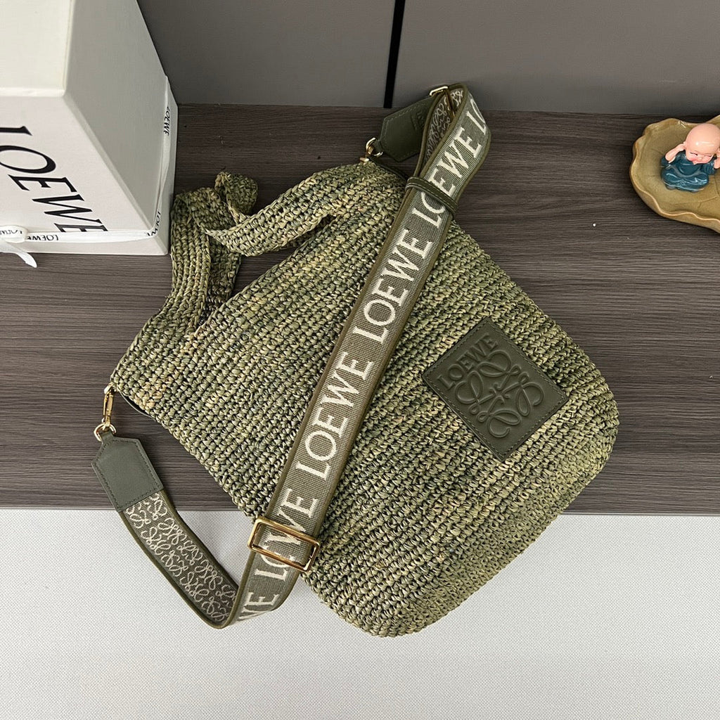 L*ew Ibiza Mini Slit Raffia Tote Bag 30cm Olive Raffia Leather