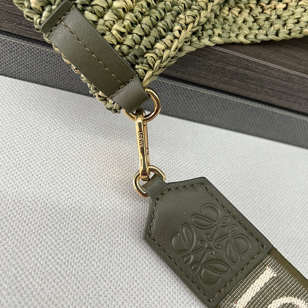 L*ew Ibiza Mini Slit Raffia Tote Bag 30cm Olive Raffia Leather
