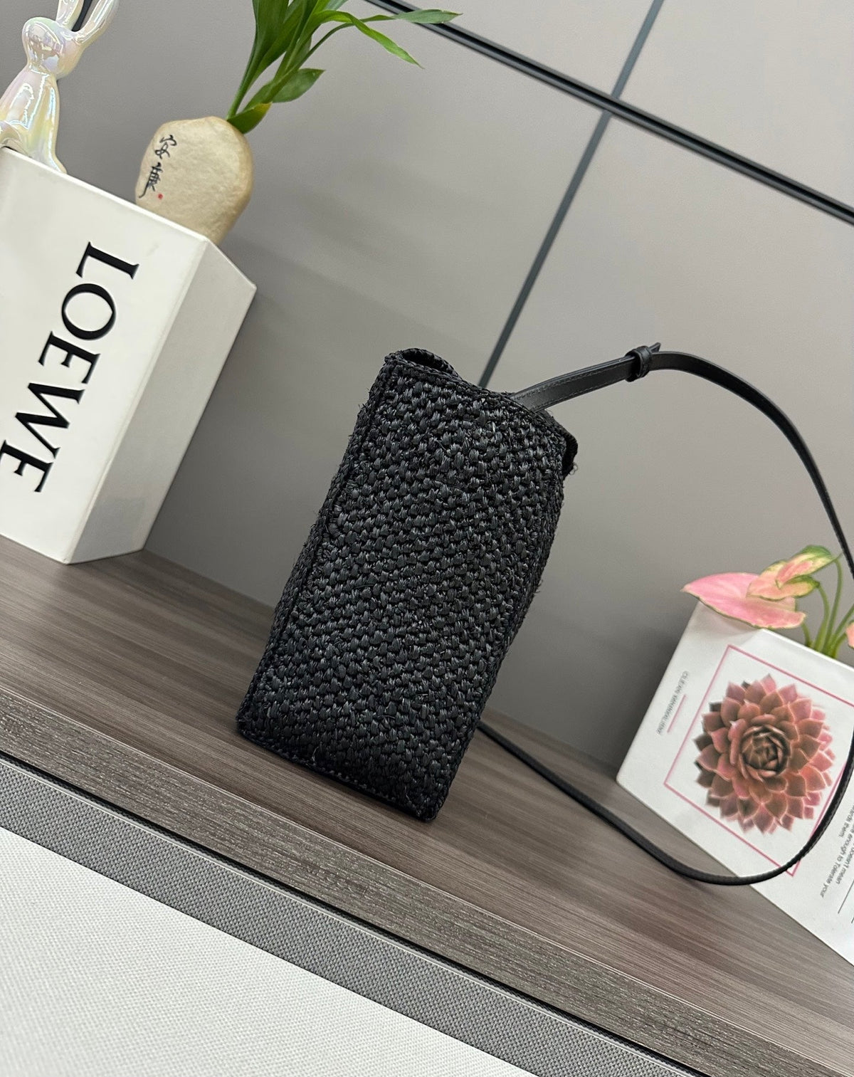 L*ewe Small Font Tote Black Raffia