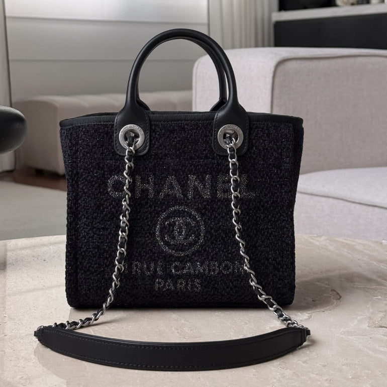 Ch*nel 2026 Mini Deauville Tote Bag 24cm Black Wool Leather Canvas