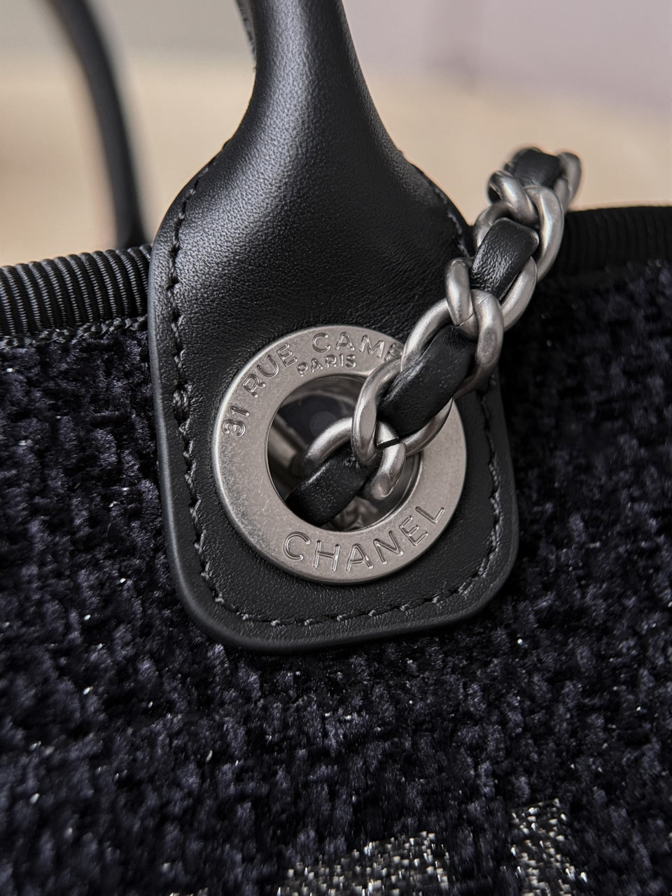 Ch*nel 2026 Mini Deauville Tote Bag 24cm Black Wool Leather Canvas