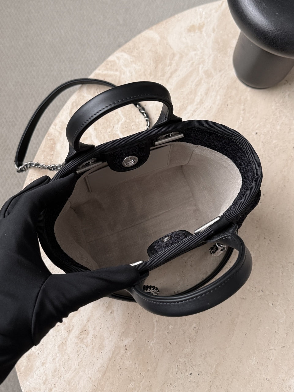 Ch*nel 2026 Mini Deauville Tote Bag 24cm Black Wool Leather Canvas
