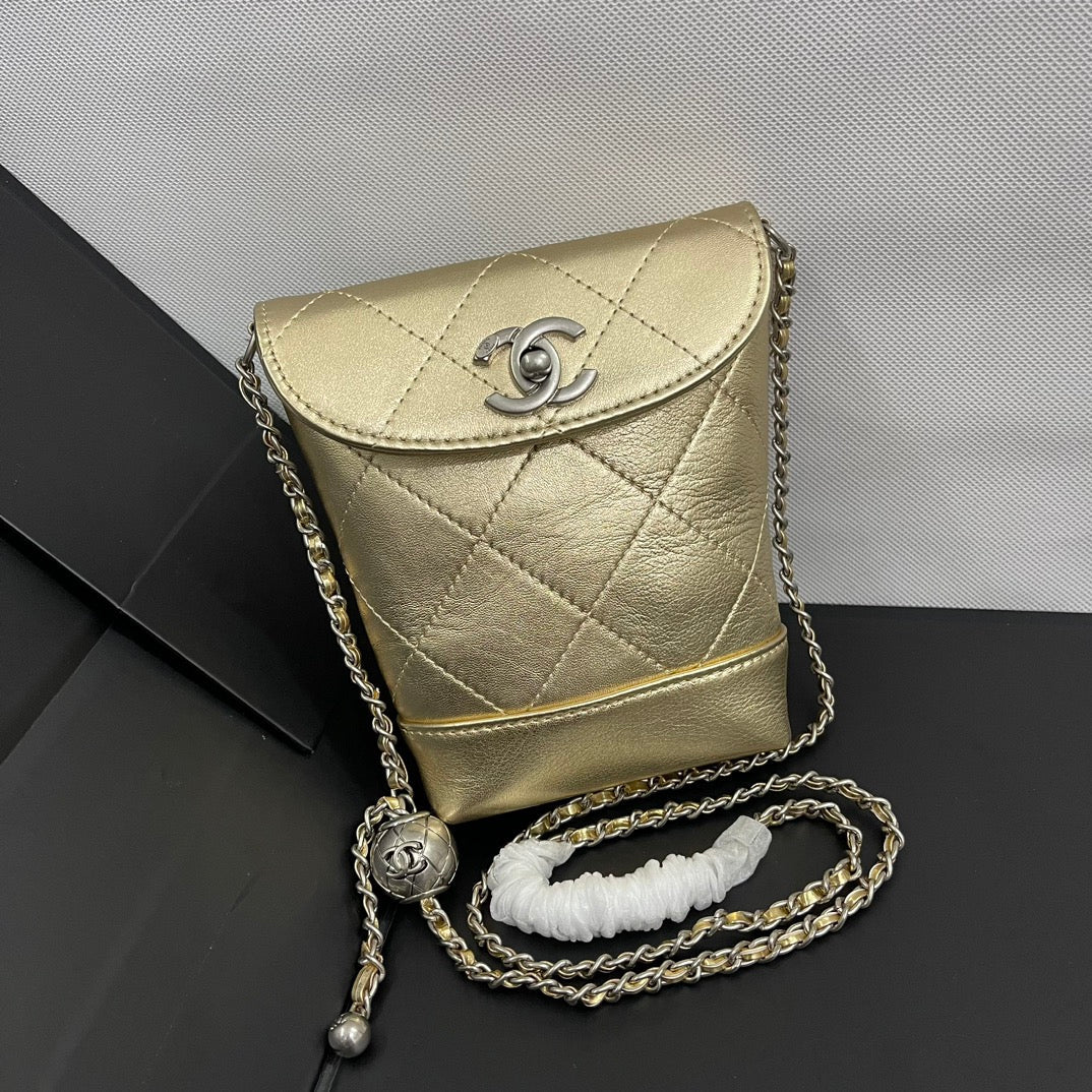 C*C Phone Holder Bag 17cm Golden Metalic Leather