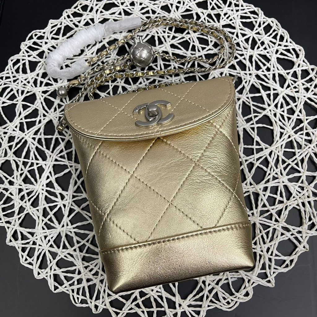 C*C Phone Holder Bag 17cm Golden Metalic Leather