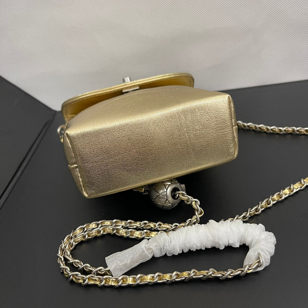 C*C Phone Holder Bag 17cm Golden Metalic Leather