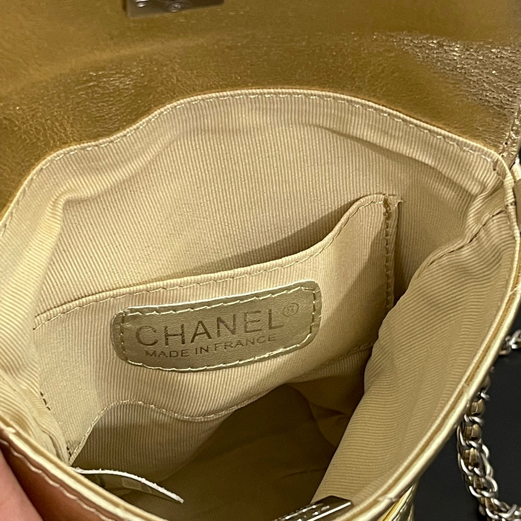 C*C Phone Holder Bag 17cm Golden Metalic Leather