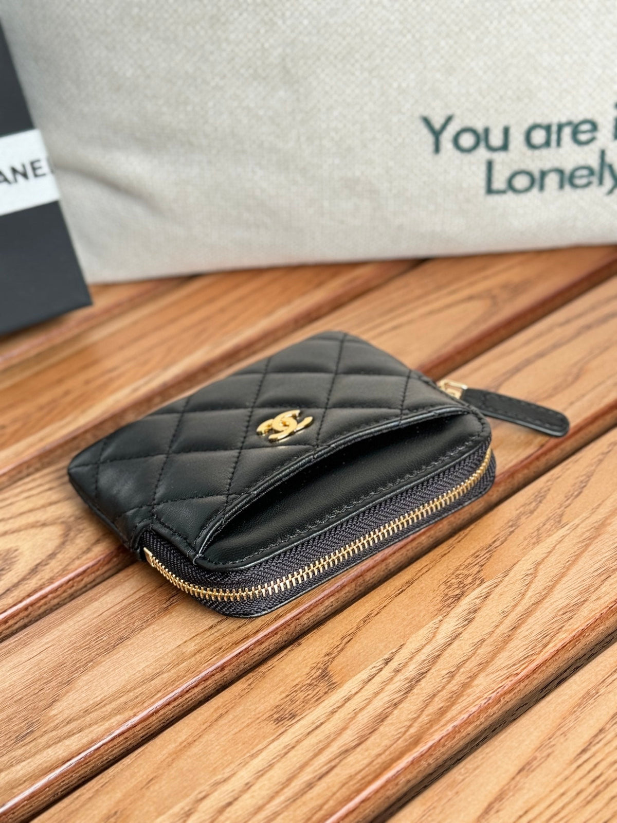 C*C Zip Card Holder Wallet Black Gold Metal Lamskin