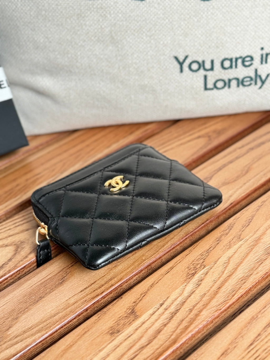 C*C Zip Card Holder Wallet Black Gold Metal Lamskin