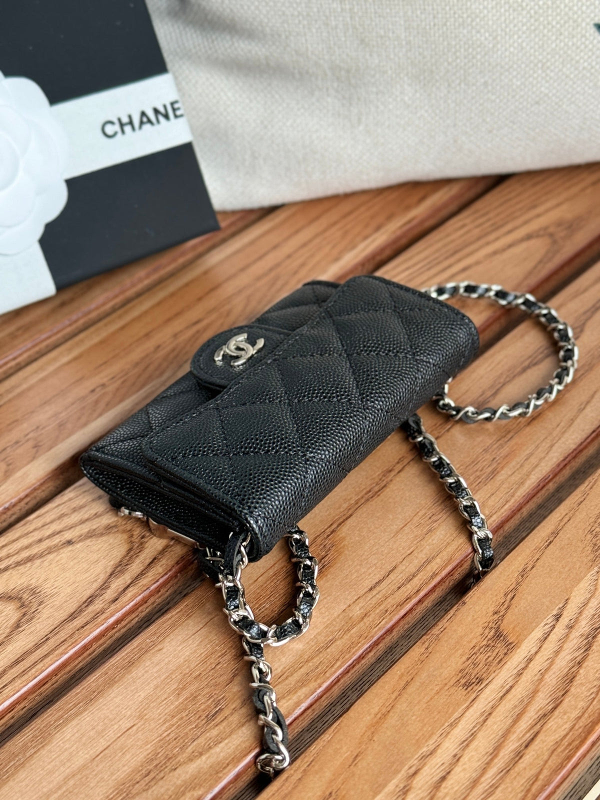 C*C 24 Classic Wallet On Chain 11cm Black Sliver Metal Caviar