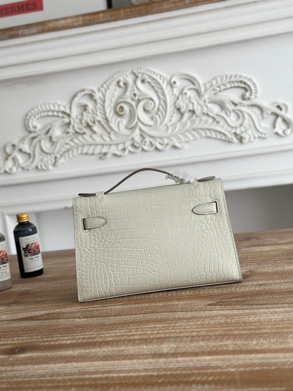 H*M 26s Kelly Mini 22cm Milky White Croc Embossed Calfskin