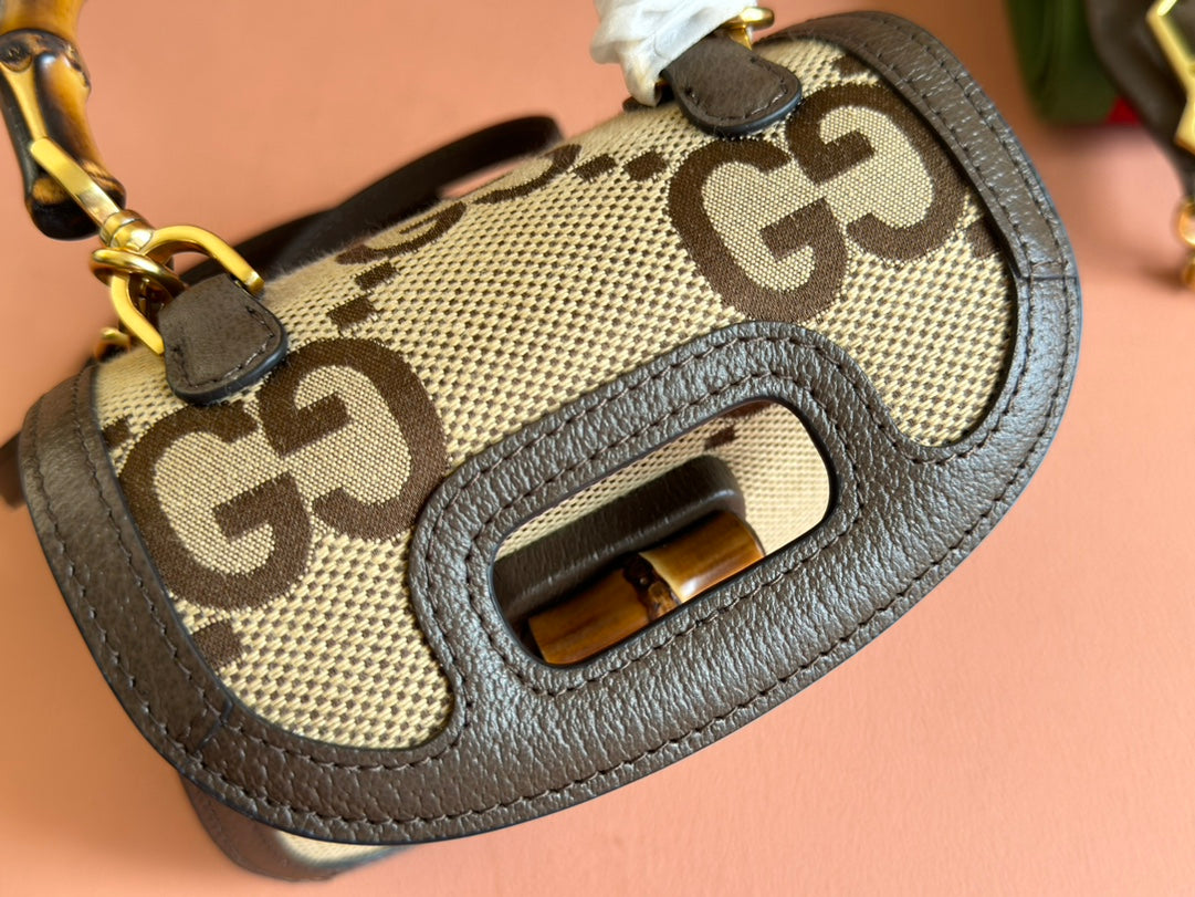 G*cci Bamboo Bag 17cm Brown mix Beige Canvas Leather