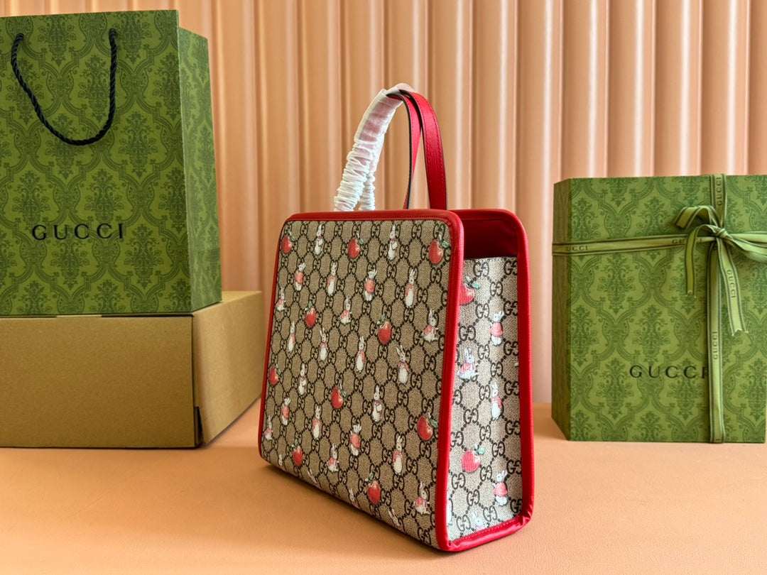 G*cci Bunny Print Tote Bag Red Beige Canvas