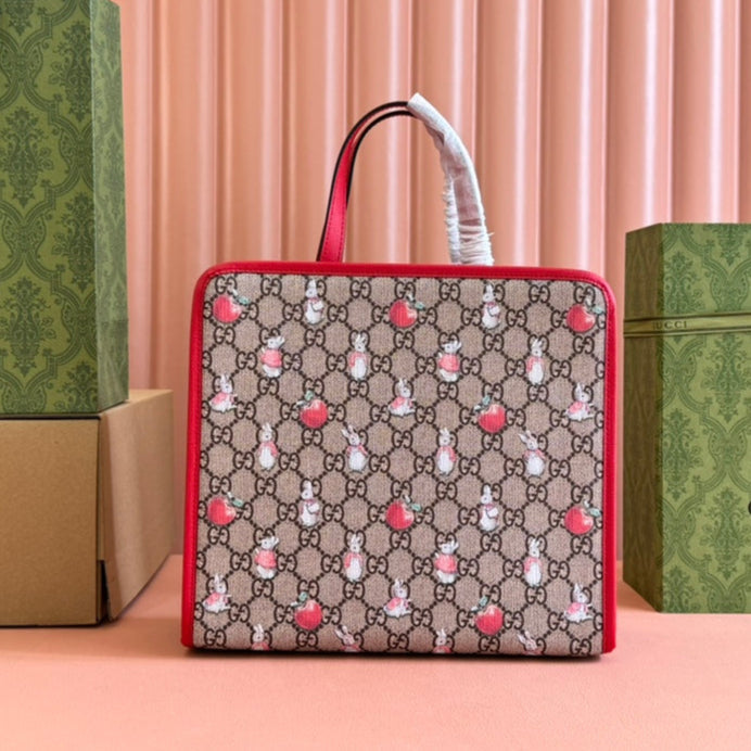 G*cci Bunny Print Tote Bag Red Beige Canvas