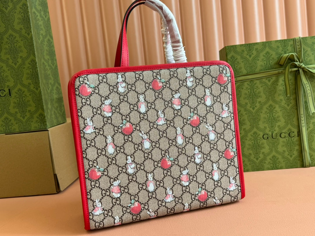 G*cci Bunny Print Tote Bag Red Beige Canvas