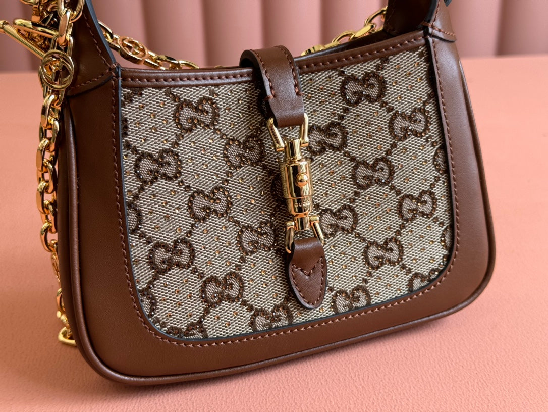 G*cci Jacket Bag Brown mix Ebony Rhinestones Leather Canvas