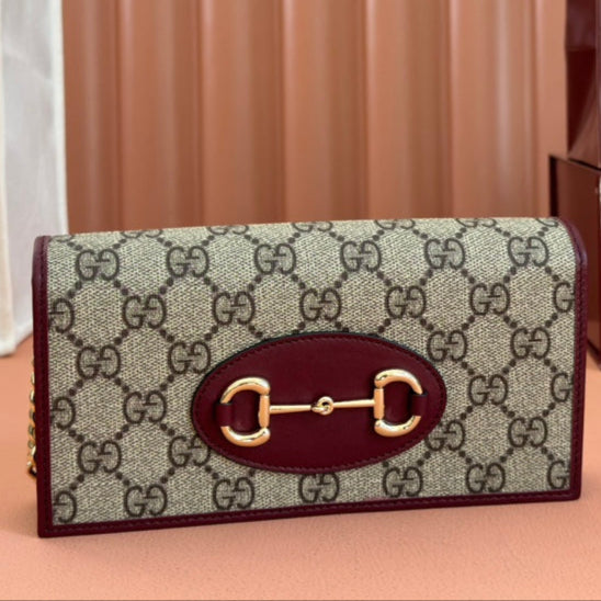 G*cci Horsebit 1995 Chain Wallet Beige mix Rosso Ancora red Canvas