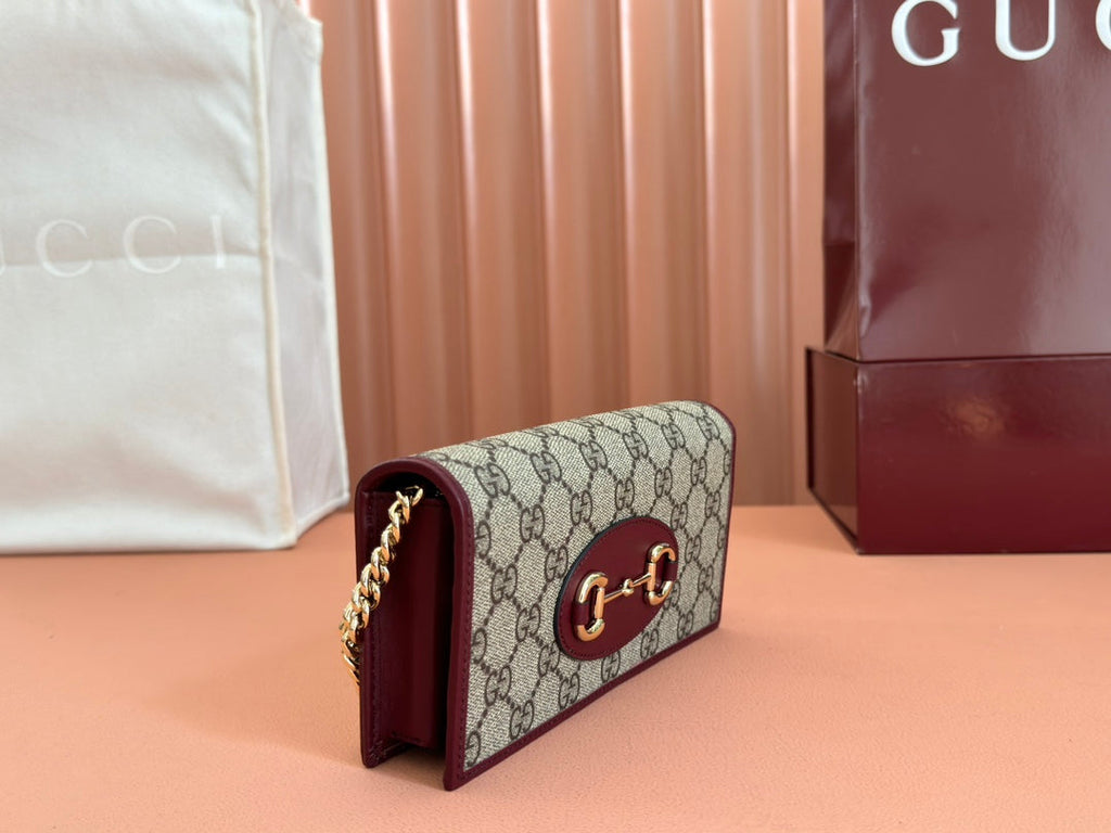 G*cci Horsebit 1995 Chain Wallet Beige mix Rosso Ancora red Canvas
