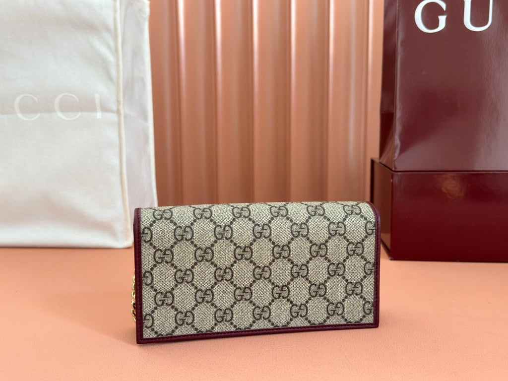 G*cci Horsebit 1995 Chain Wallet Beige mix Rosso Ancora red Canvas
