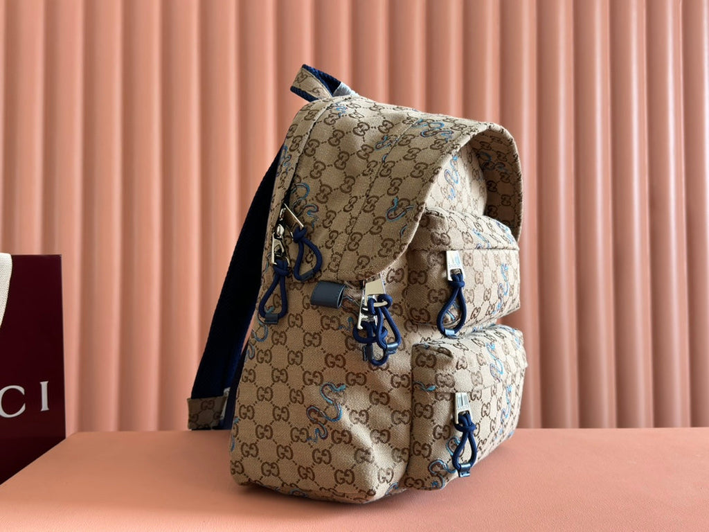 G*cci Snake Pattern Backpack Beige mix Brown Blue Calfskin Canvas
