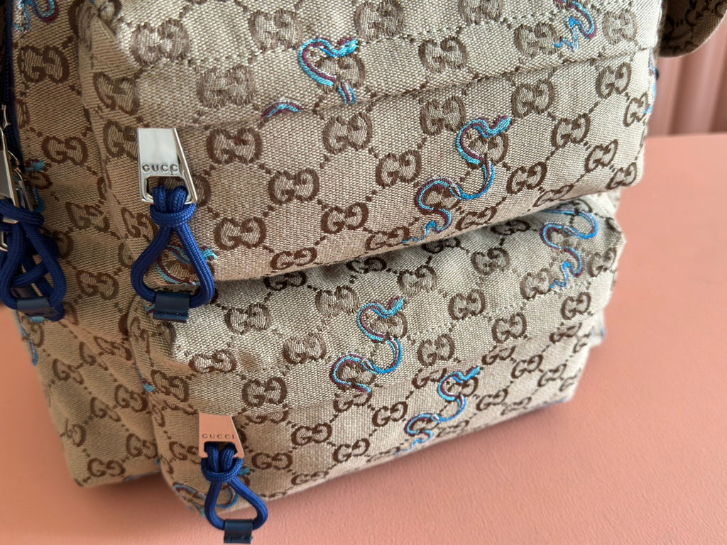 G*cci Snake Pattern Backpack Beige mix Brown Blue Calfskin Canvas