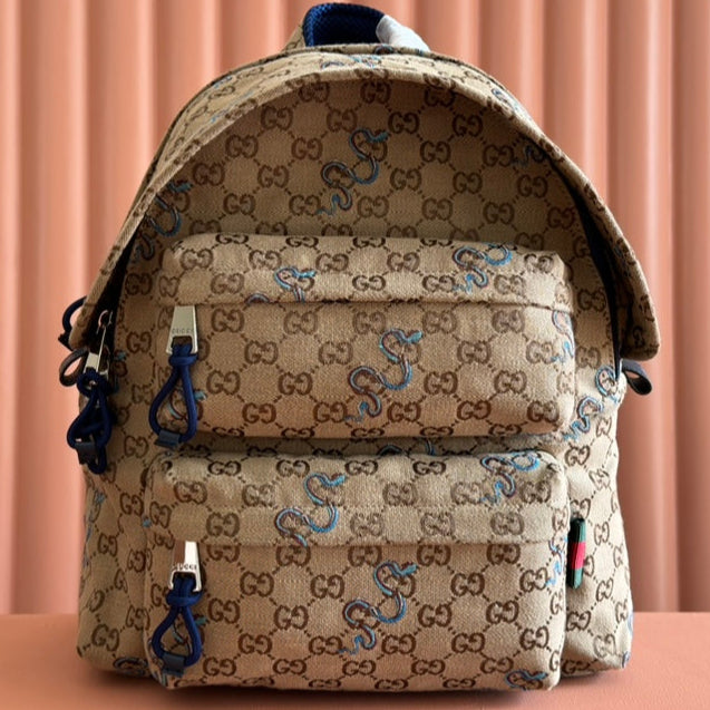 G*cci Snake Pattern Backpack Beige mix Brown Blue Calfskin Canvas