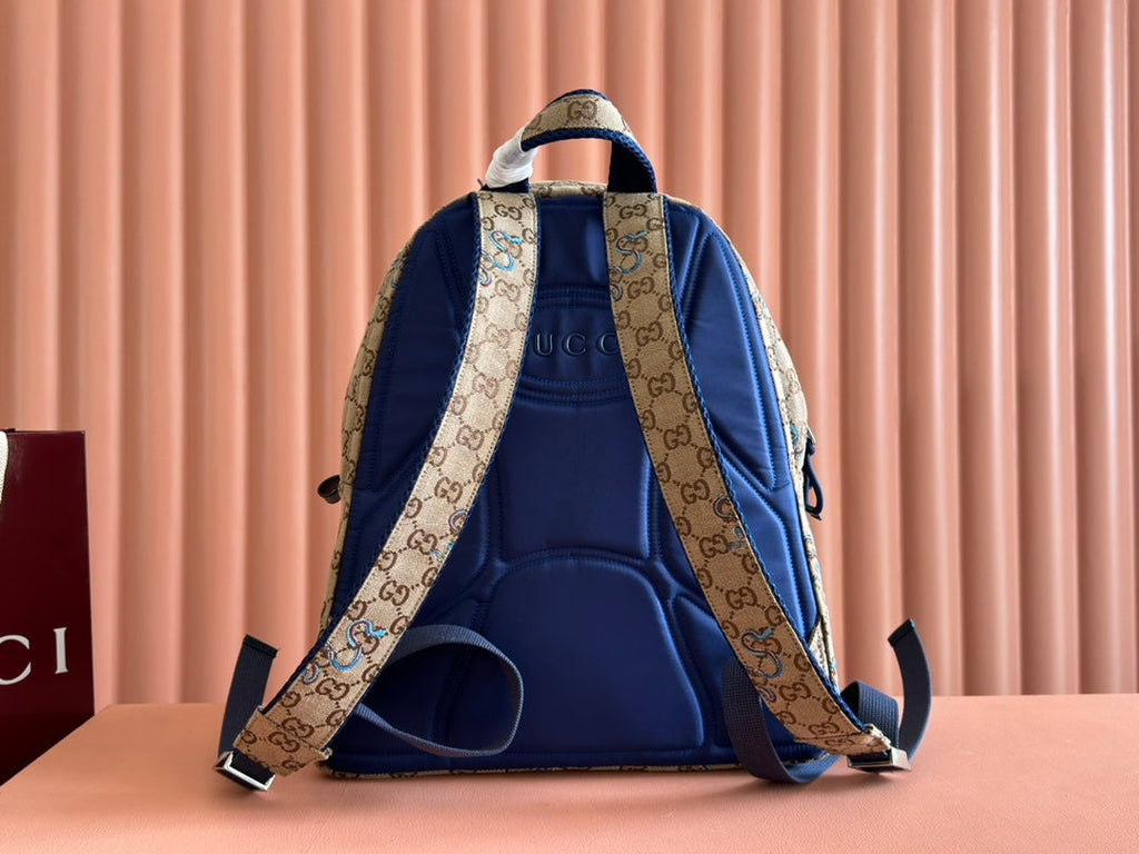 G*cci Snake Pattern Backpack Beige mix Brown Blue Calfskin Canvas