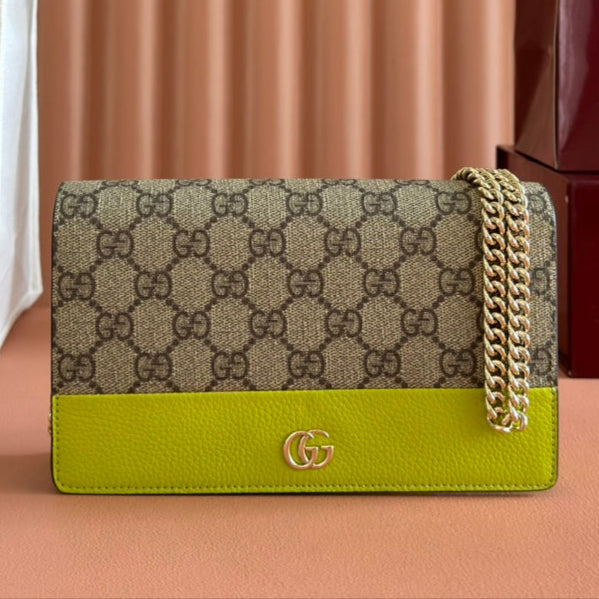 G*cci Marmont Chain Wallet Ebony mix Light Green Canvas Leather