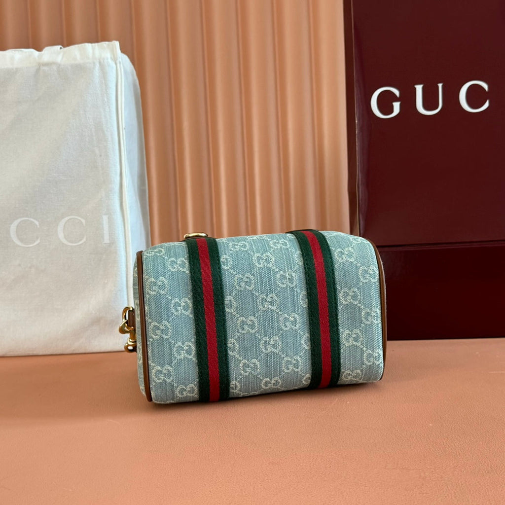 G*cci Boston Bag 20 Blue White Denim Fabric