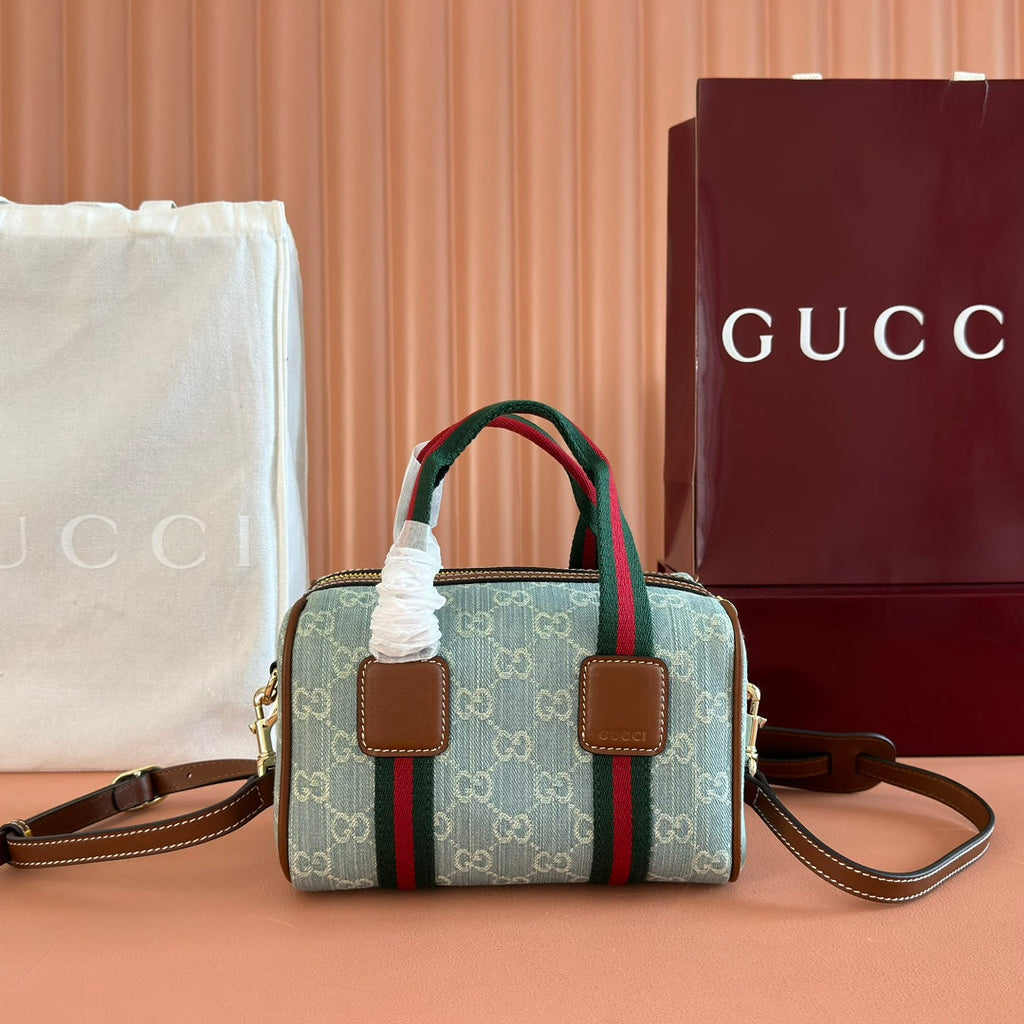 G*cci Boston Bag 20 Blue White Denim Fabric