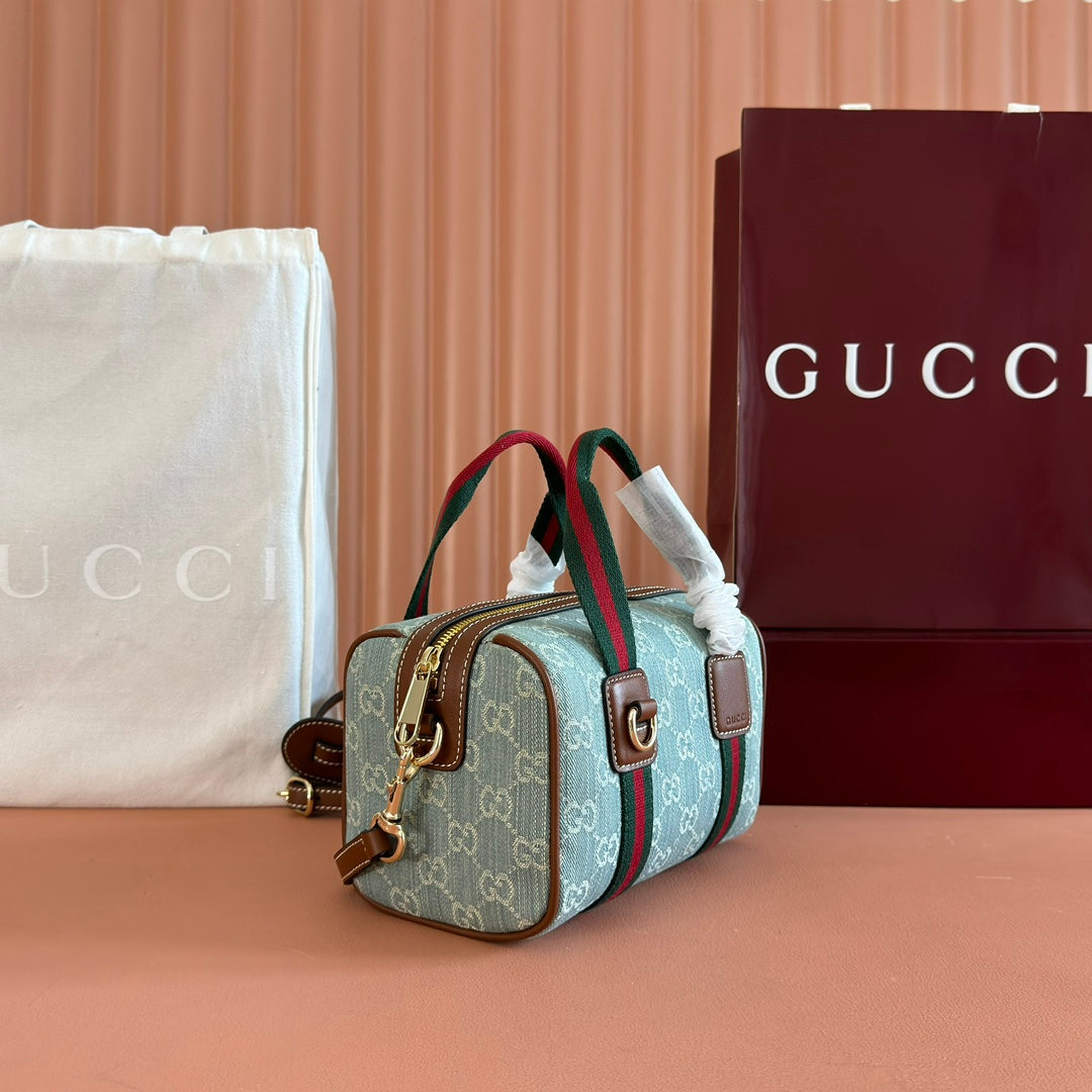 G*cci Boston Bag 20 Blue White Denim Fabric