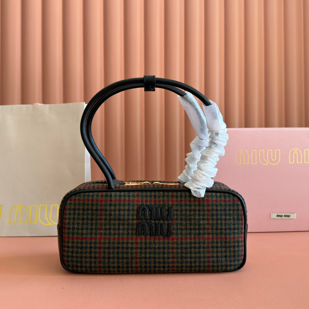 M*u Beau Tartan Top Handle Bag Wool Leather