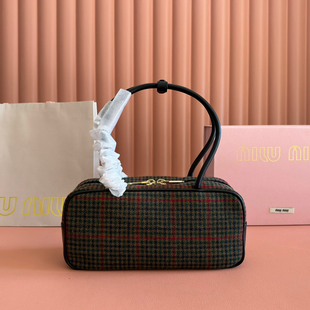 M*u Beau Tartan Top Handle Bag Wool Leather