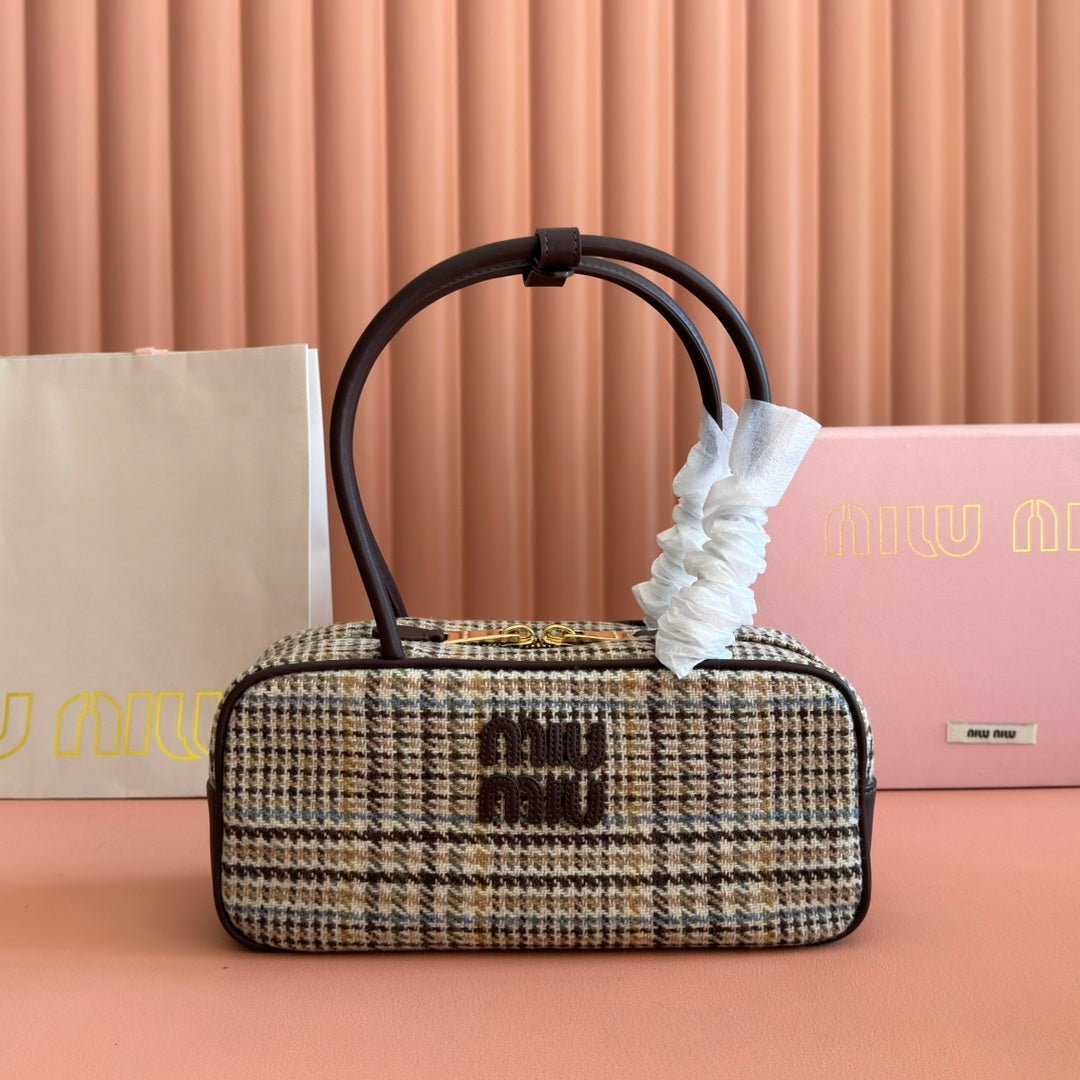 M*u Beau Tartan Top Handle Bag Wool Leather