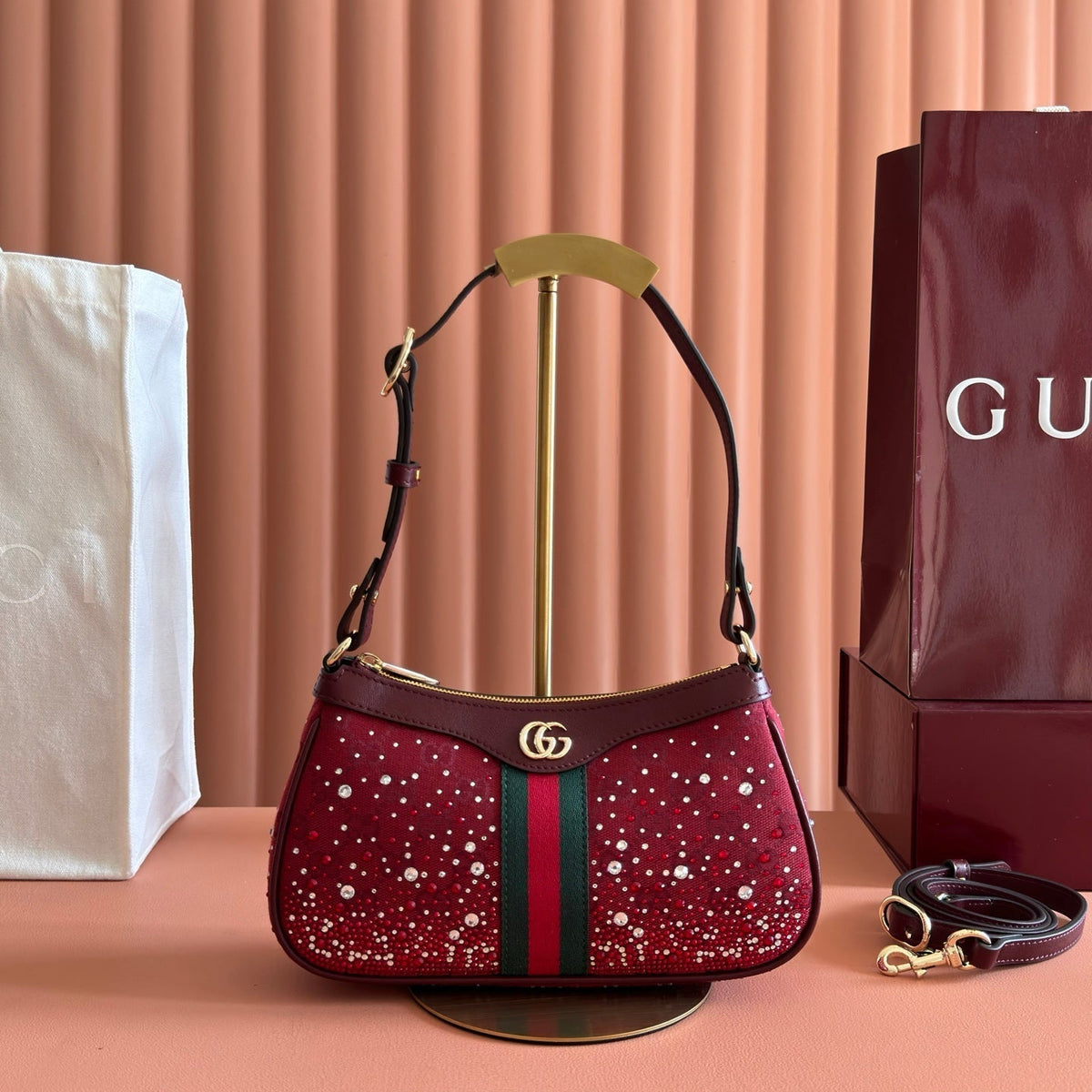 G*G Ophidia Crystals Small Shoulder Bag 26cm Burgundy Canvas