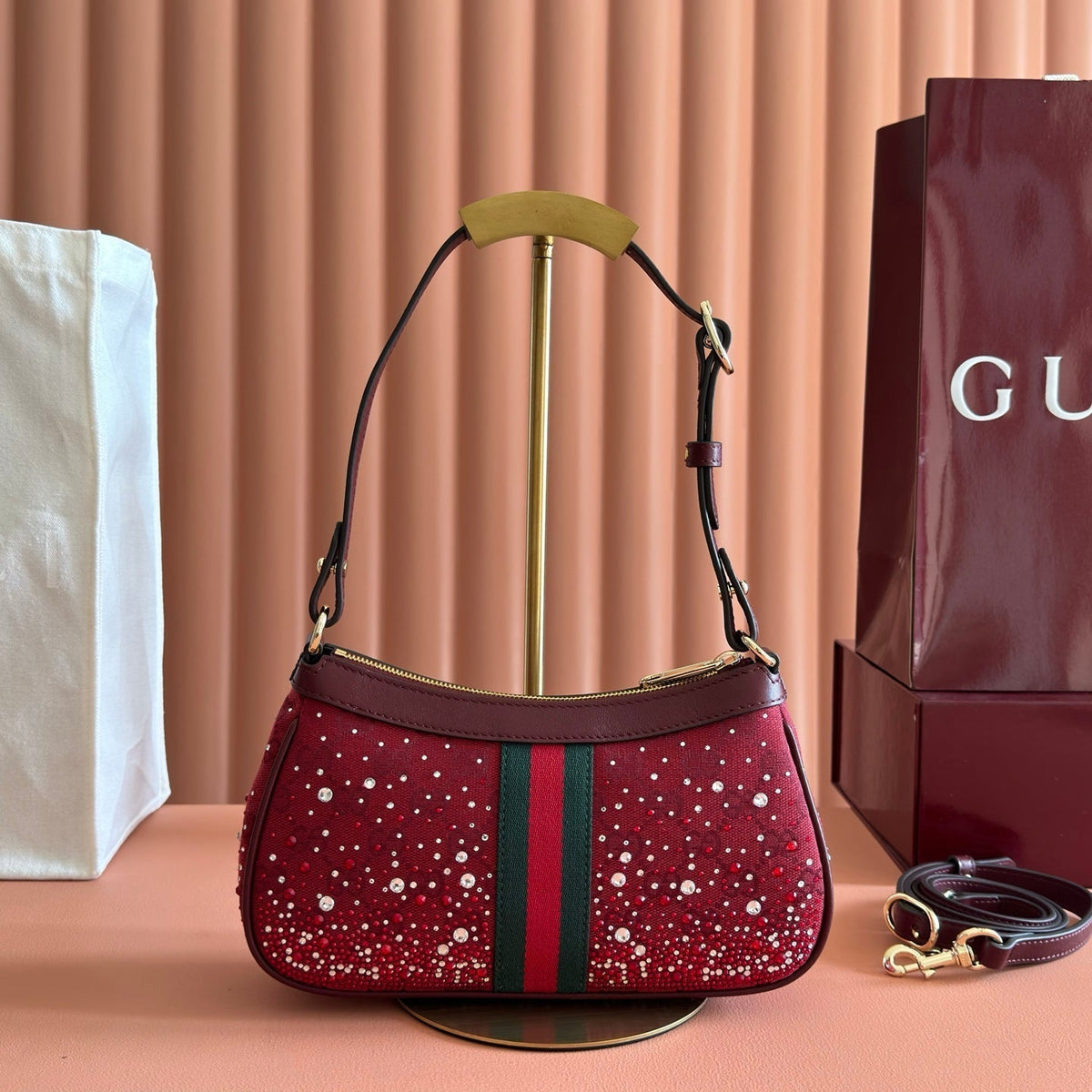 G*G Ophidia Crystals Small Shoulder Bag 26cm Burgundy Canvas