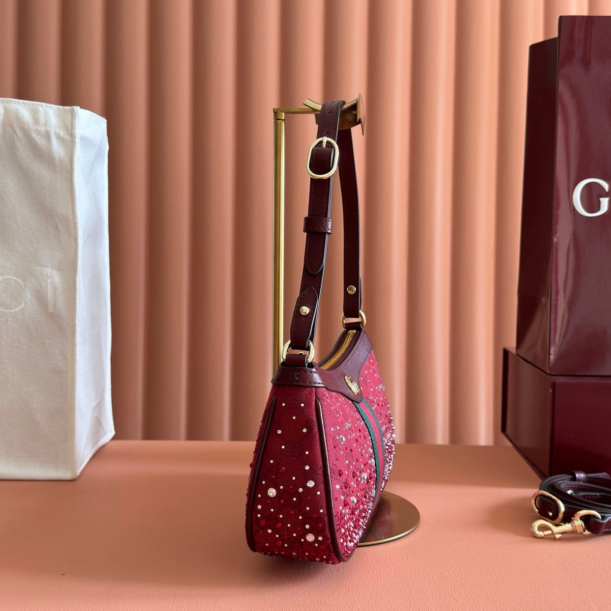 G*G Ophidia Crystals Small Shoulder Bag 26cm Burgundy Canvas