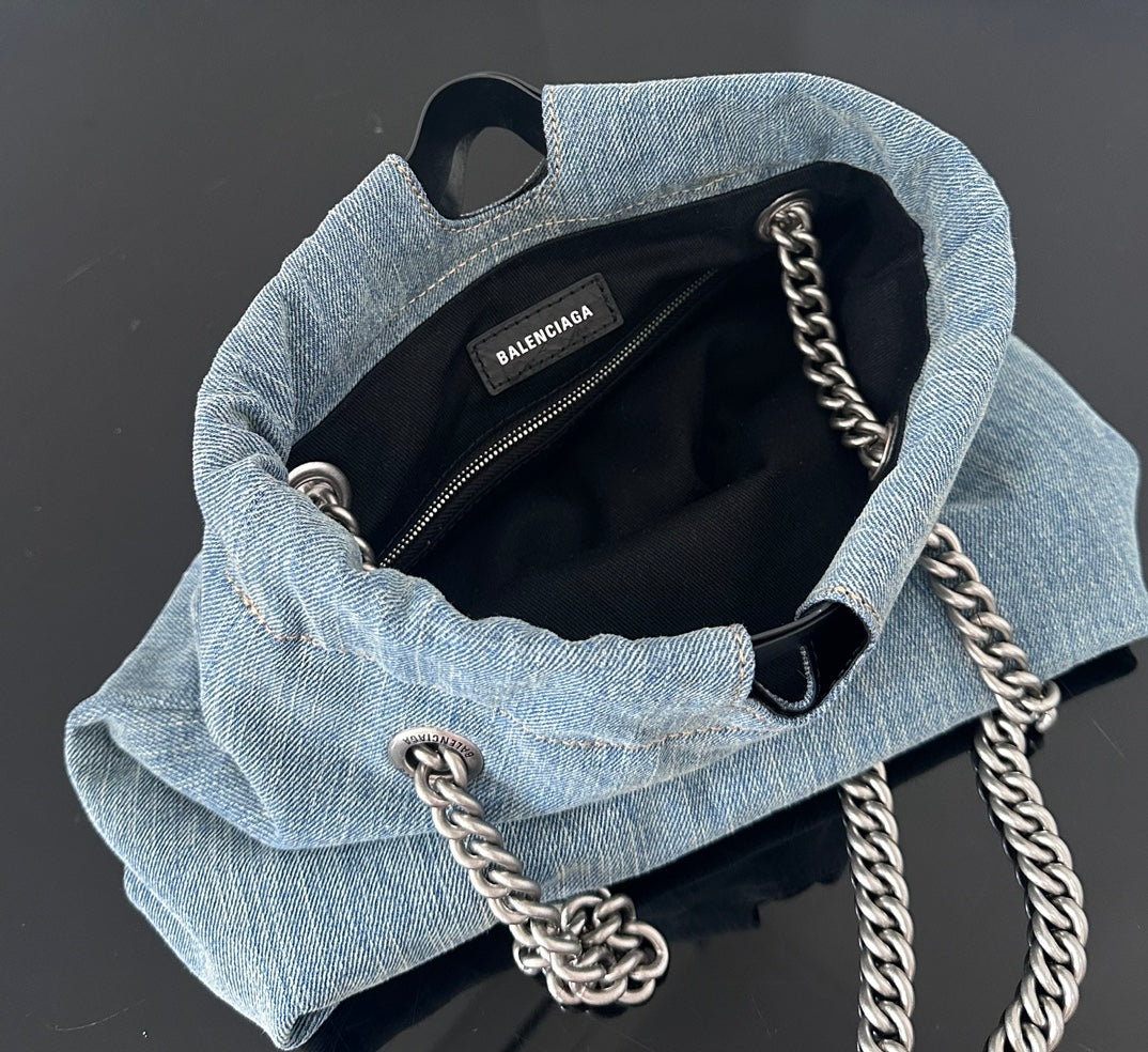 CRUSH SMALL TOTE BAG 26 IN BLUE WASHED DENIM SILVER HARDWARE