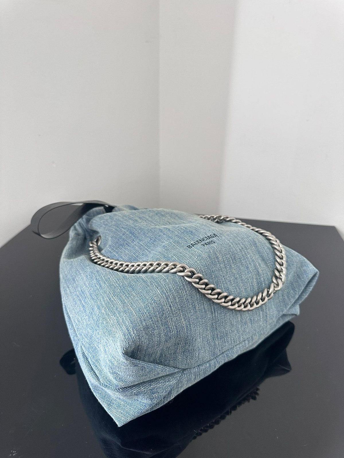 CRUSH SMALL TOTE BAG 26 IN BLUE WASHED DENIM SILVER HARDWARE