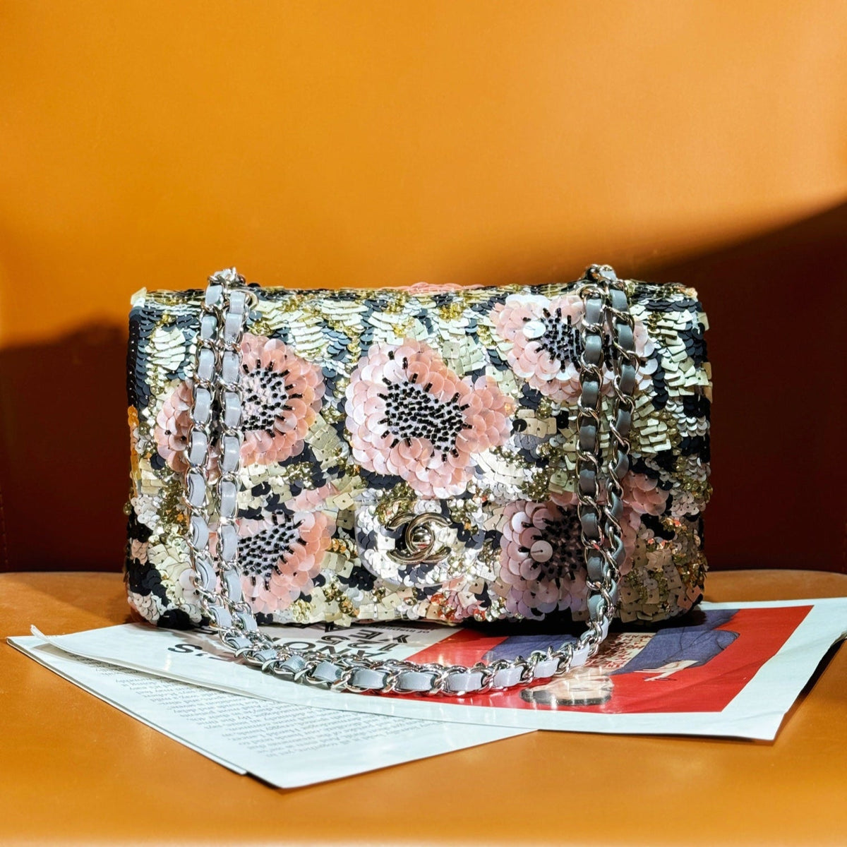 24S Flap Bag Sequin Flower Pearl Caflskin
