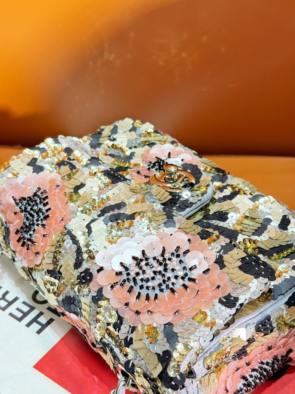 24S Flap Bag Sequin Flower Pearl Caflskin