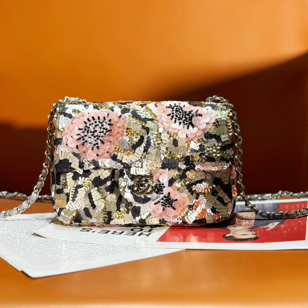 24S Flap Bag Sequin Flower Pearl Caflskin