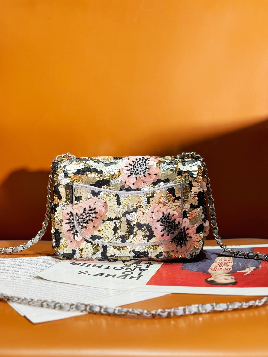 24S Flap Bag Sequin Flower Pearl Caflskin