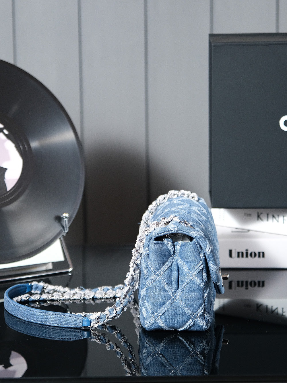 24S Flap Bag 20cm Blue Quilted Denim