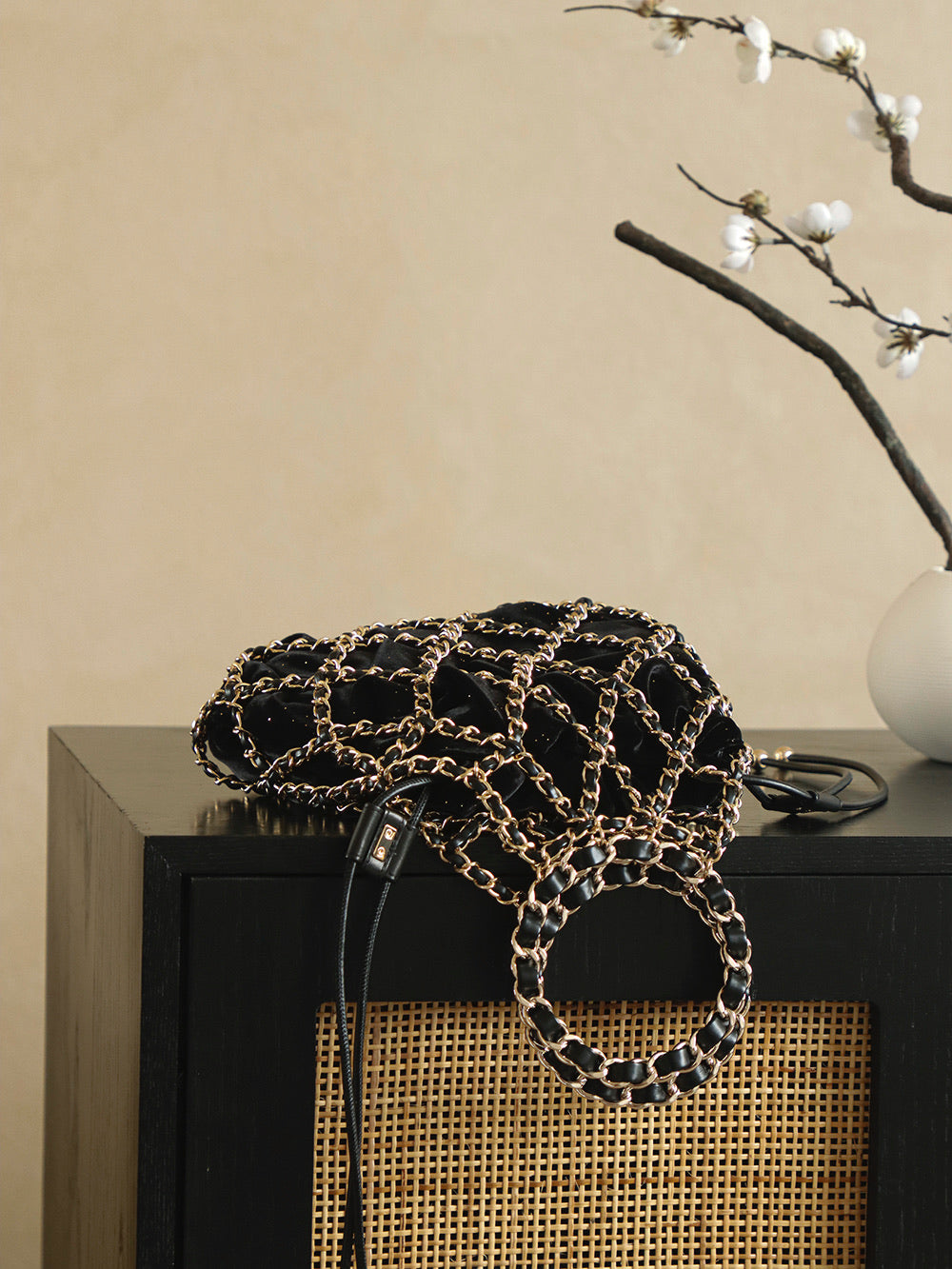 Ch*nel 2026 Chain Net Bag 42cm Black Gold Metal Velvet