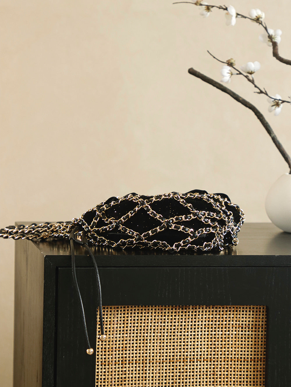 Ch*nel 2026 Chain Net Bag 42cm Black Gold Metal Velvet