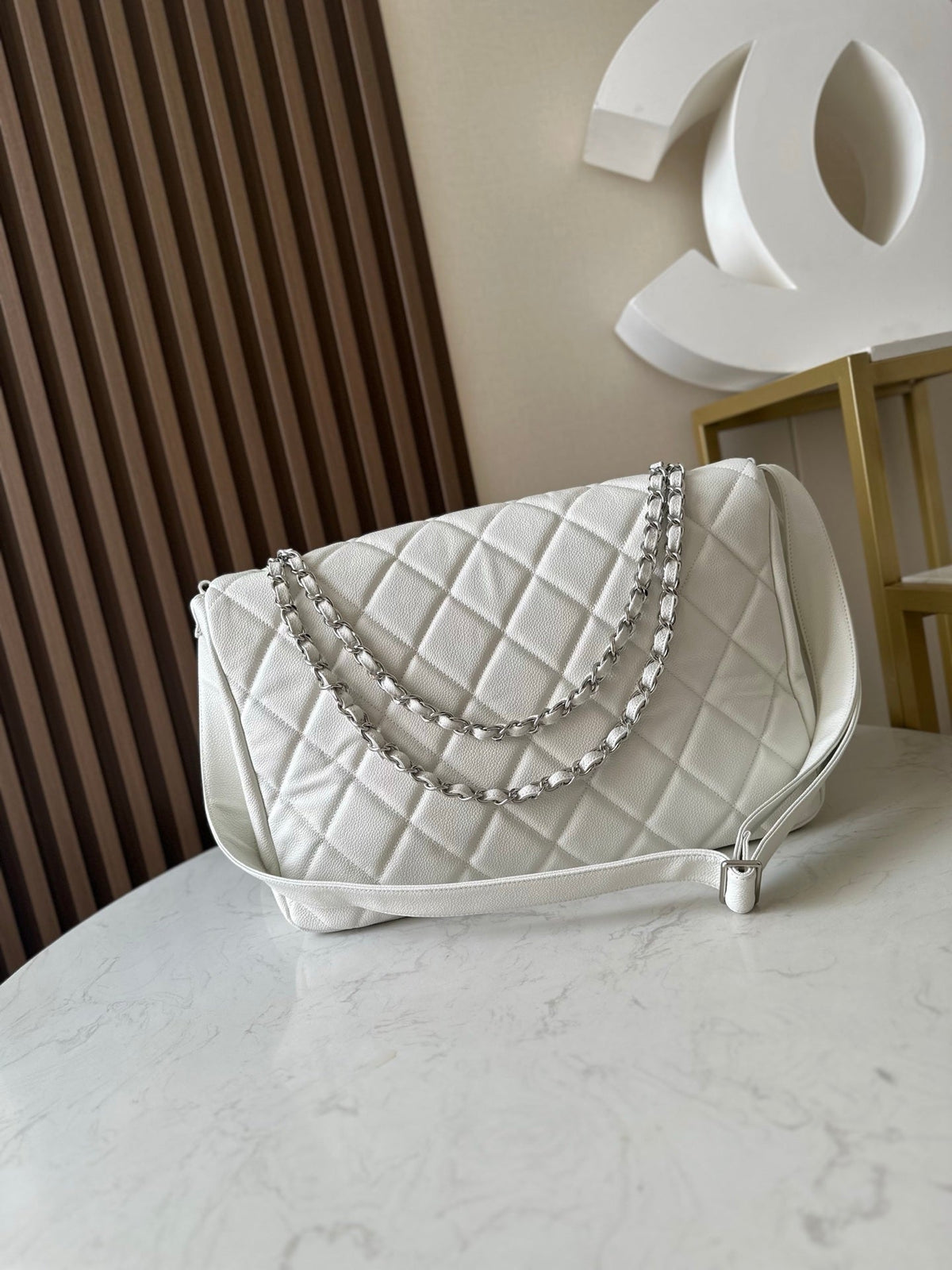 C*C Messenger Weekender Flap Tote Bag White Caviar SHW