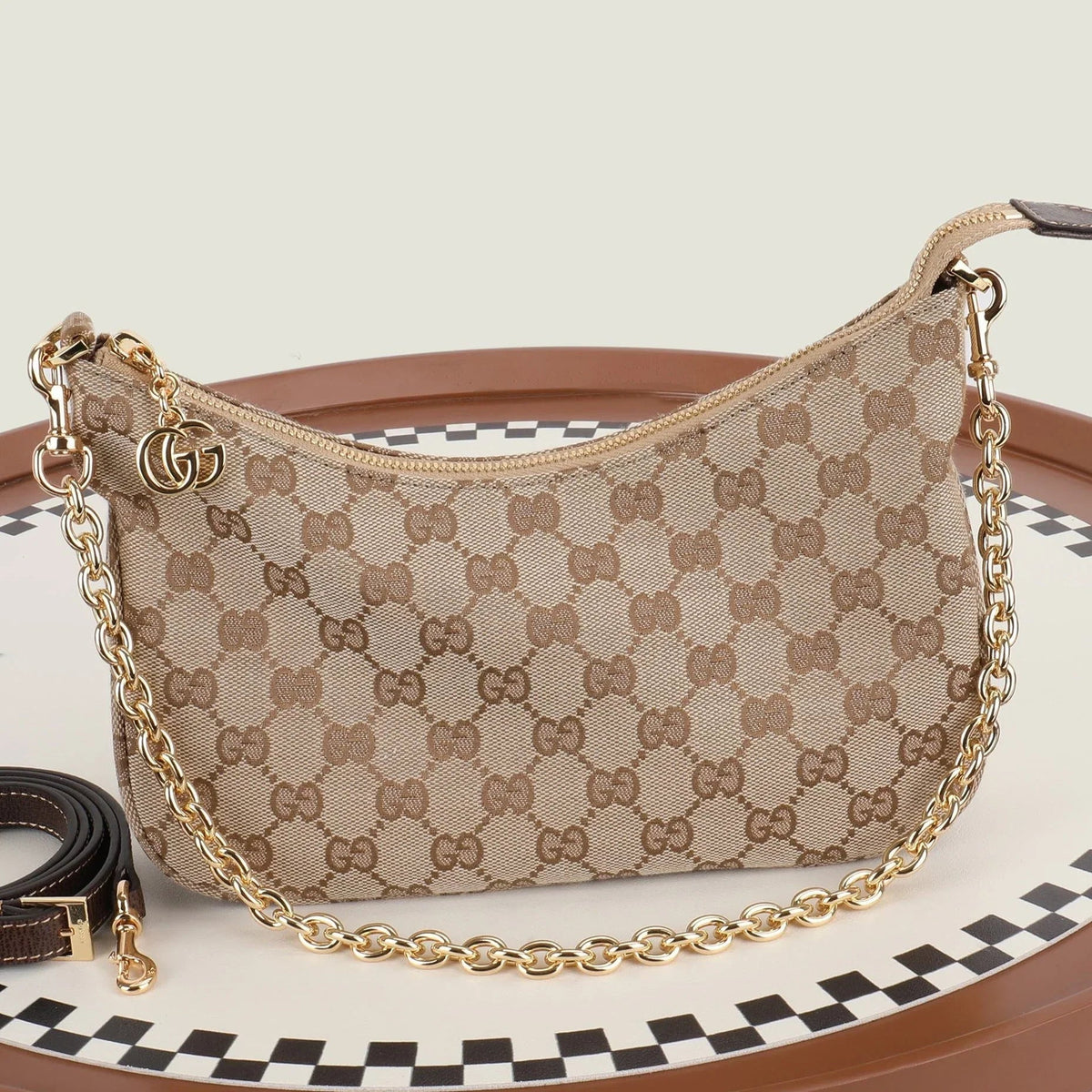G*G 2026 Lady Lunetta Chain Shoulder Bag 25cm Brown Canvas Leather