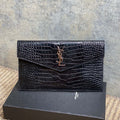 Y*S*L 22s Uptown Pouch Clutch Bag Black Croc Embossed Leather Sliver HW