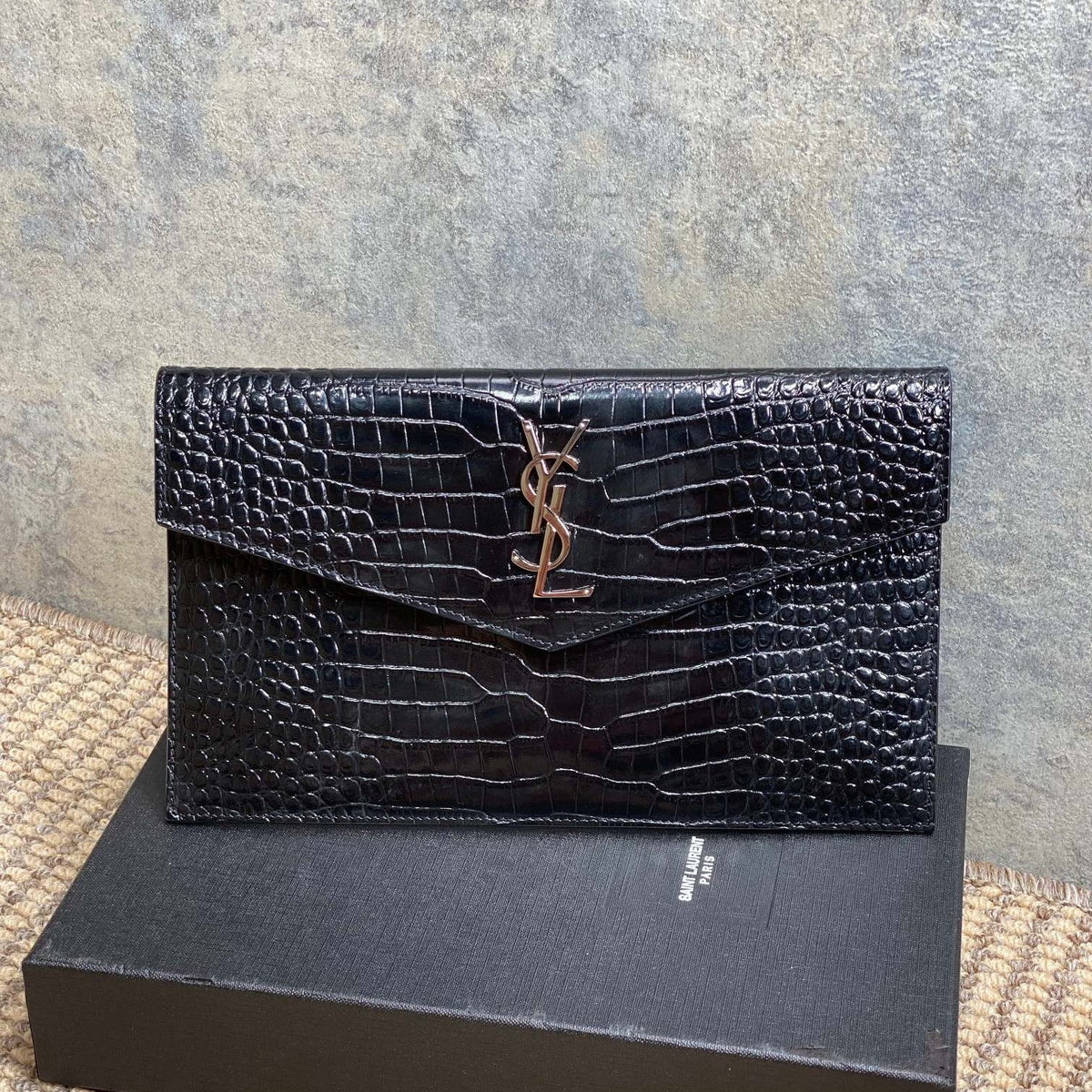 Y*S*L 22s Uptown Pouch Clutch Bag Black Croc Embossed Leather Sliver HW